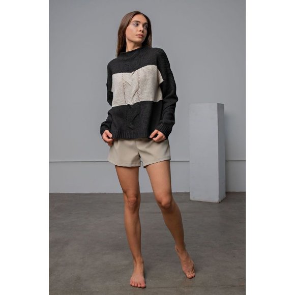 Easel Black Color Blocked Mock Neckline Ribbed Edges Loose Fit Sweater - Picture 3 of 5